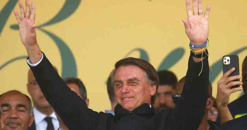 Current president of Brazil and candidate for re-election Jair Bolsonaro greets supportes during a campaign rally.