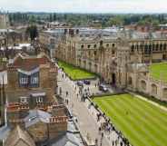 Elevated view of the skyline and spires of Cambridge and King's college.