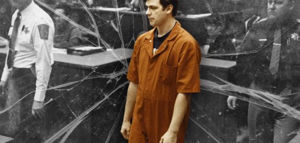 A colour image of serial killer Jeffrey Dahmer superimposed against a black and white background featuring police detectives