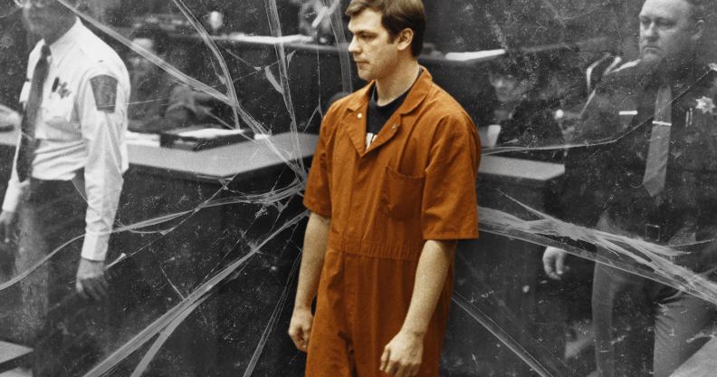 A colour image of serial killer Jeffrey Dahmer superimposed against a black and white background featuring police detectives
