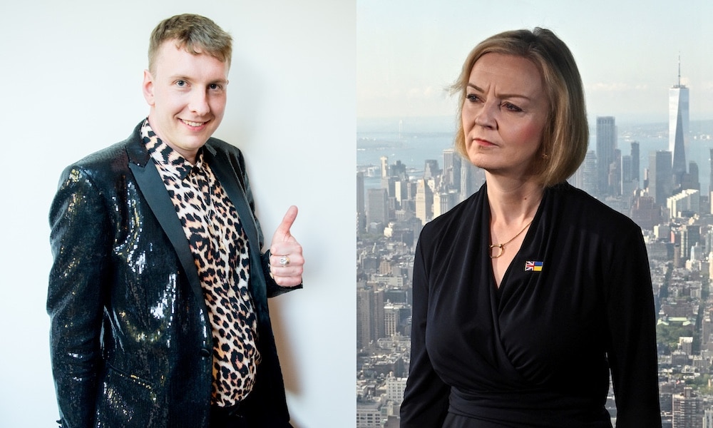 side-by-side photos of Joe Lycett giving a thumbs up and Liz Truss looking displeased