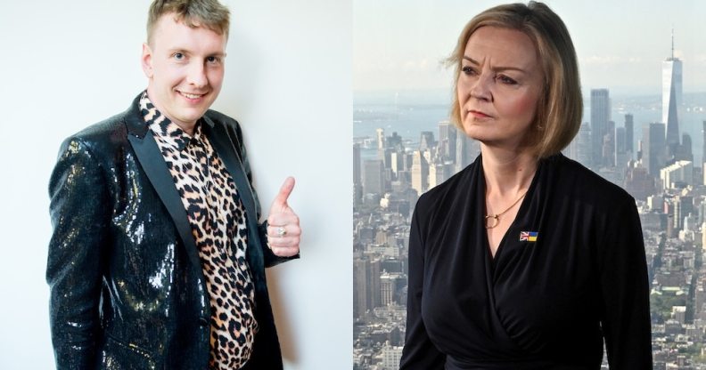 side-by-side photos of Joe Lycett giving a thumbs up and Liz Truss looking displeased