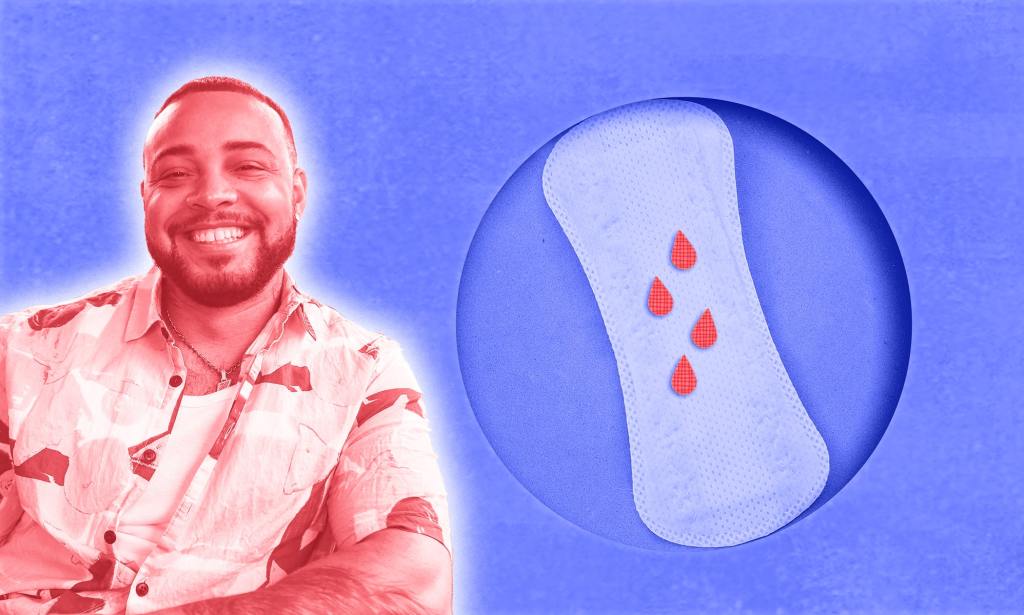 A graphic of Kenny Ethan Jones and a period product with little dots of blood on it