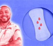 A graphic of Kenny Ethan Jones and a period product with little dots of blood on it