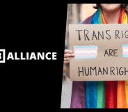 LGB Alliance logo and a sign saying trans rights are human rights