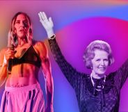 An image of Sporty Spice, Melanie C, looking surprised stands in front of an image of Margaret Thatcher who is shown holding her arms up and smiling