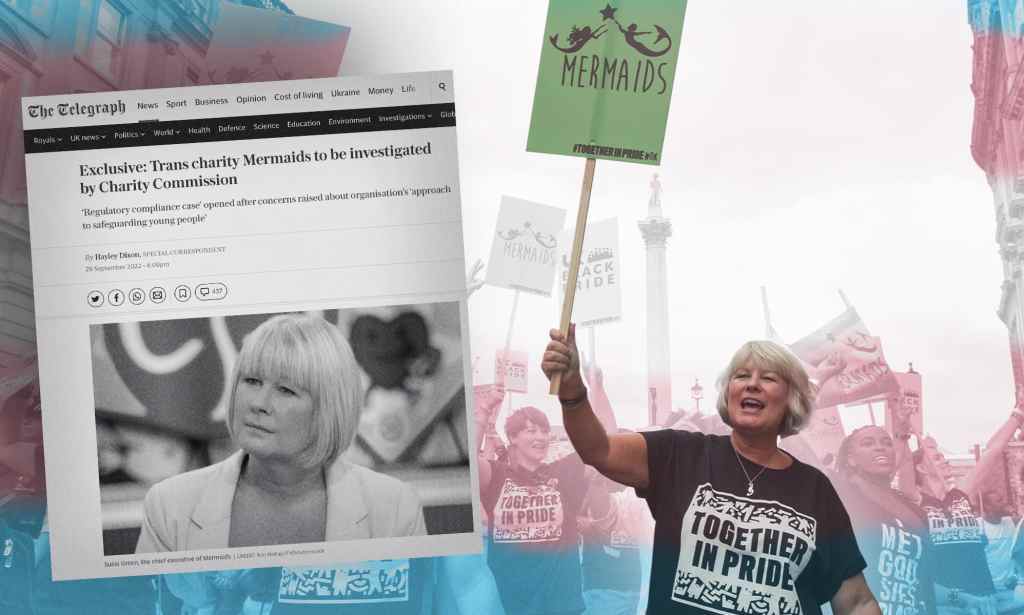 A screenshot of a Telegraph article with a picture of the CEO of Mermaids on the right holding a placard