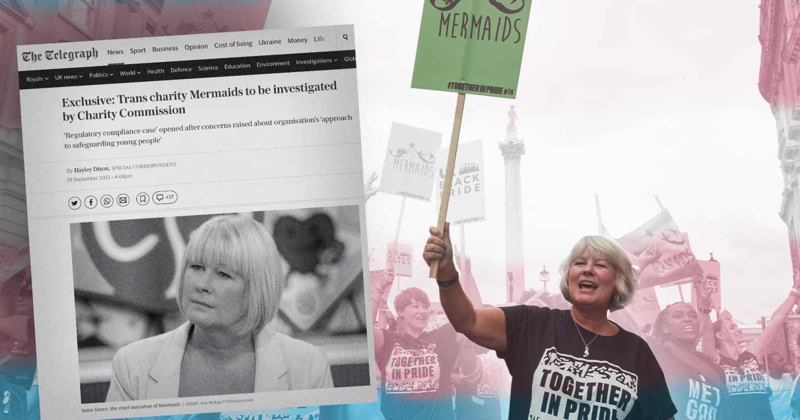 A screenshot of a Telegraph article with a picture of the CEO of Mermaids on the right holding a placard