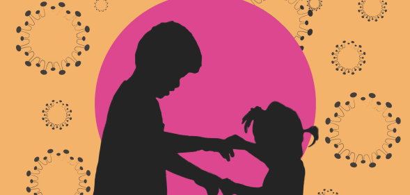 A silhouette of two children offset by simplified graphics of monkeypox cells.