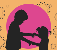 A silhouette of two children offset by simplified graphics of monkeypox cells.