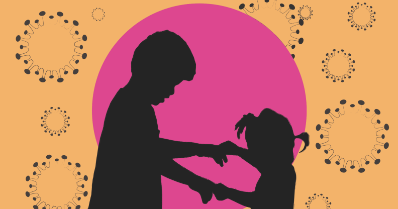 A silhouette of two children offset by simplified graphics of monkeypox cells.