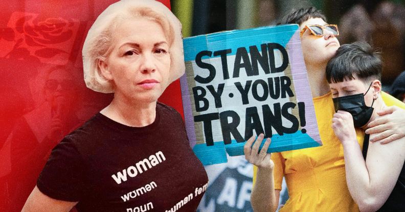 A graphic showing anti-trans activist Posie Parker on the left wearing an 'adult human female' t-shirt and on the right is an image showing trans activists holding a sign saying "Stand by your trans"