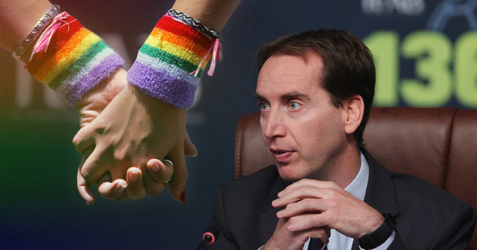 An image of two people holding hands with rainbow coloured wrist decoration and the boss of the UK Football Association.