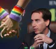 An image of two people holding hands with rainbow coloured wrist decoration and the boss of the UK Football Association.
