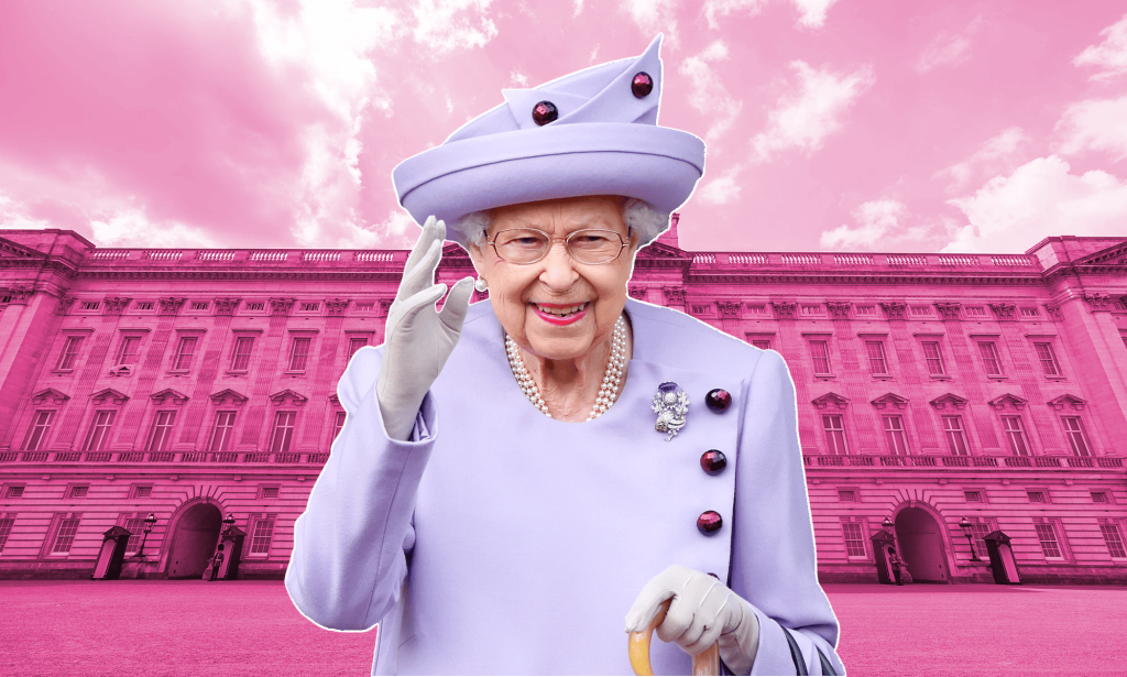A picture of Queen Elizabeth against a backdrop of Buckingham Palace in pink.