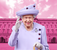 A picture of Queen Elizabeth against a backdrop of Buckingham Palace in pink.
