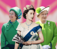 A graphic showing Queen Elizabeth as a young woman, in middle age, and as an older woman against the backdrop of a pink Union Jack.