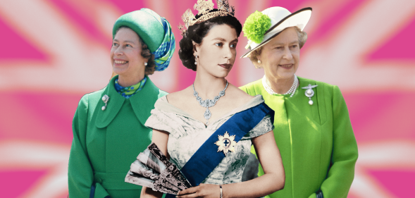 A graphic showing Queen Elizabeth as a young woman, in middle age, and as an older woman against the backdrop of a pink Union Jack.