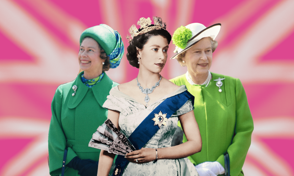 A graphic showing Queen Elizabeth as a young woman, in middle age, and as an older woman against the backdrop of a pink Union Jack.