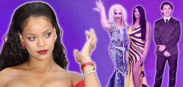 Rihanna pictured on the left against a purple background with Tatianna, Alyssa Edwards and Tom Holland on the right.