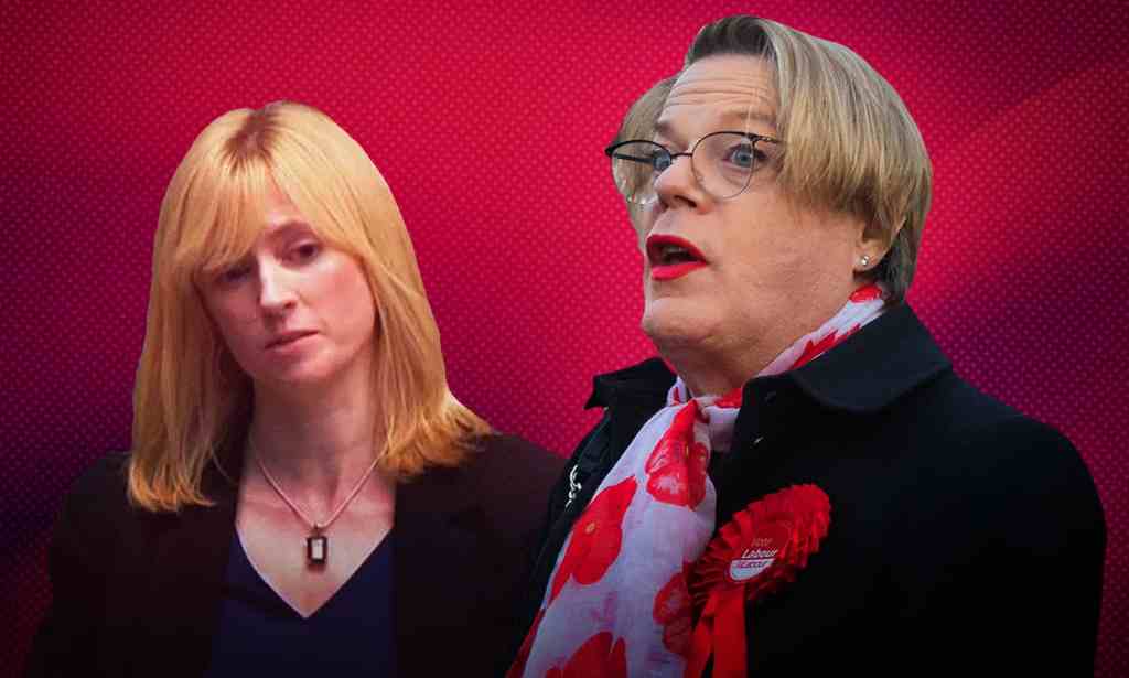 Images of Rosie Duffield and Eddie Izzard on a red background