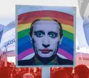 A protest sign featuring a photo of Vladimir Putin in drag and a rainbow