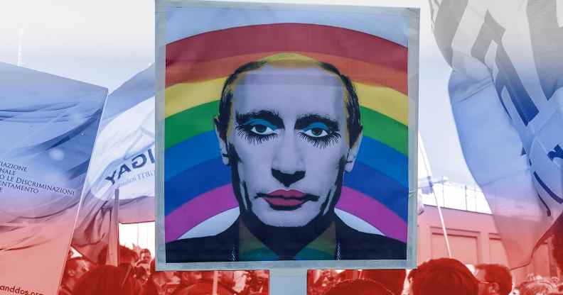 A protest sign featuring a photo of Vladimir Putin in drag and a rainbow