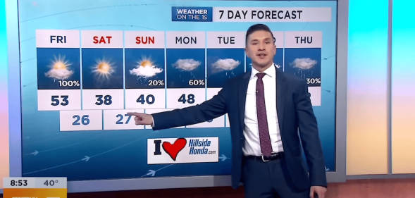 A still of NY1 weatherman Erick Adame wearing a navy suit, white shirt and red tie giving one of his TV weather broadcasts