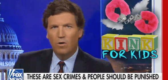 A screenshot of Fox News host Tucker Carlson with the caption "these are sex crimes and people should be punished"