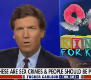A screenshot of Fox News host Tucker Carlson with the caption "these are sex crimes and people should be punished"