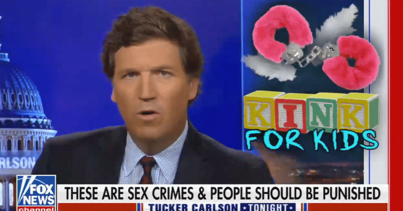 A screenshot of Fox News host Tucker Carlson with the caption "these are sex crimes and people should be punished"