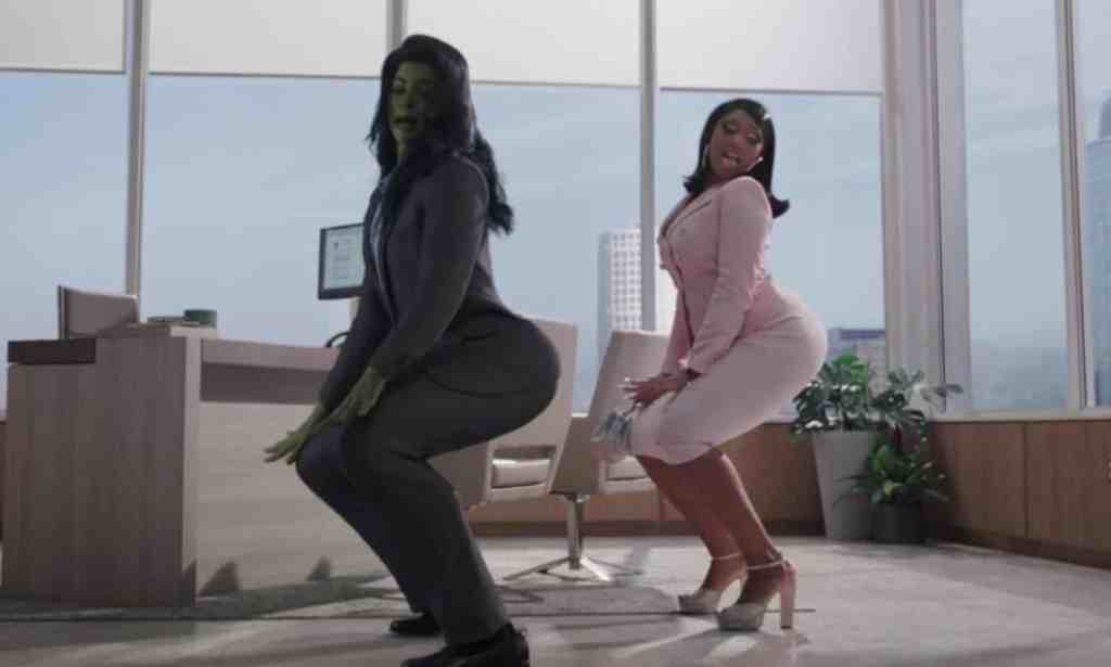 She-Hulk and Megan Thee Stallion twerking. (Disney+)