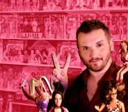 Adam Weatherly with his Spice Girls dolls against an edited pink background which shows his collection.