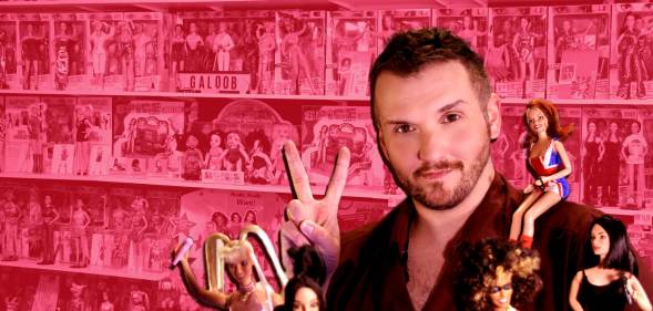 Adam Weatherly with his Spice Girls dolls against an edited pink background which shows his collection.