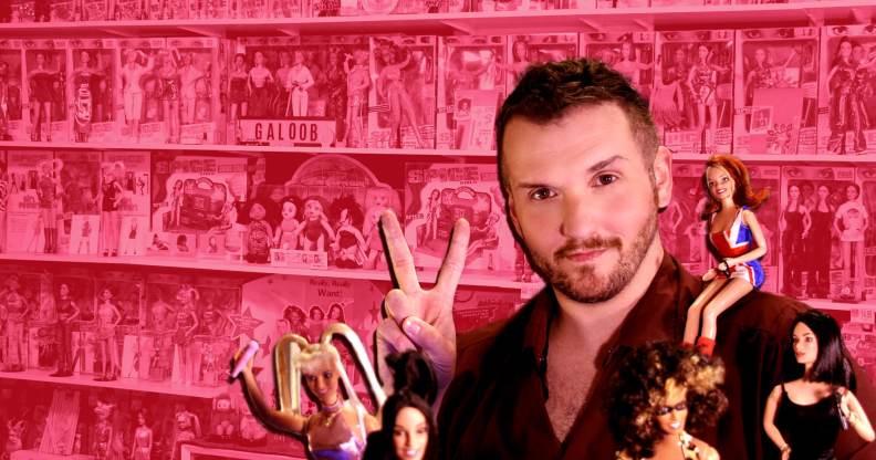Adam Weatherly with his Spice Girls dolls against an edited pink background which shows his collection.
