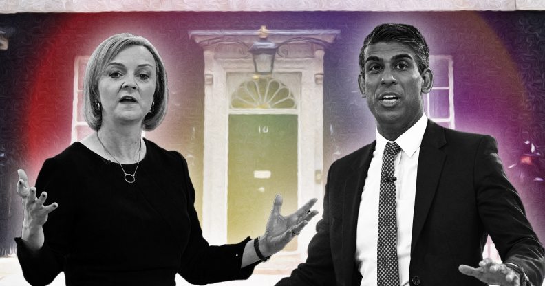 Collage of Liz Truss and Rishi Sunak in front of No 10