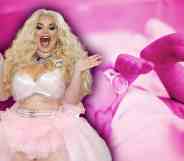 An image showing Trisha Paytas in a pink dress with a stock image of a baby in the background lit up in pink.