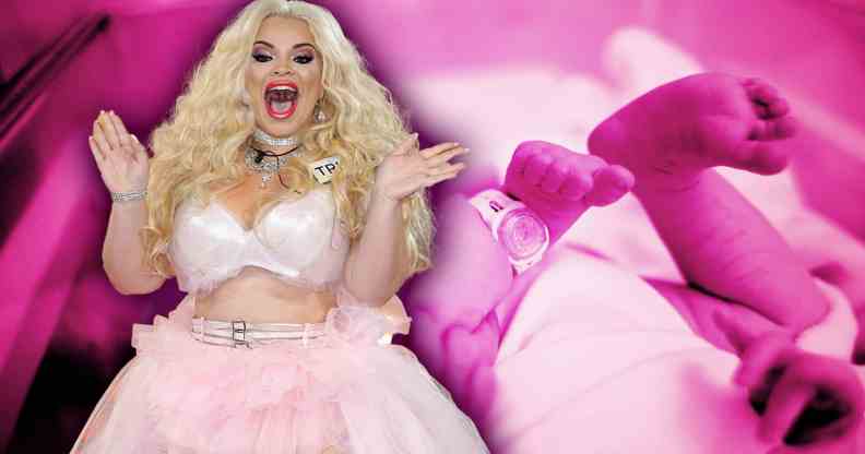 An image showing Trisha Paytas in a pink dress with a stock image of a baby in the background lit up in pink.