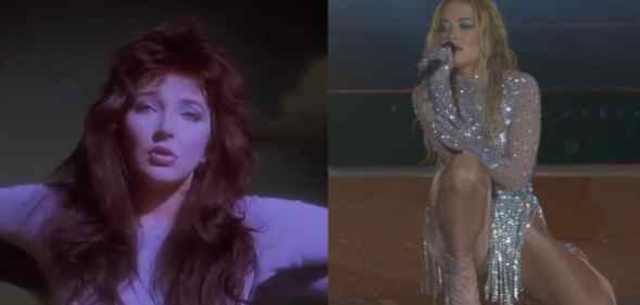 Kate Bush in the Running Up That Hill music video and Rita Ora performing the song in 2022.