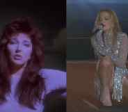 Kate Bush in the Running Up That Hill music video and Rita Ora performing the song in 2022.