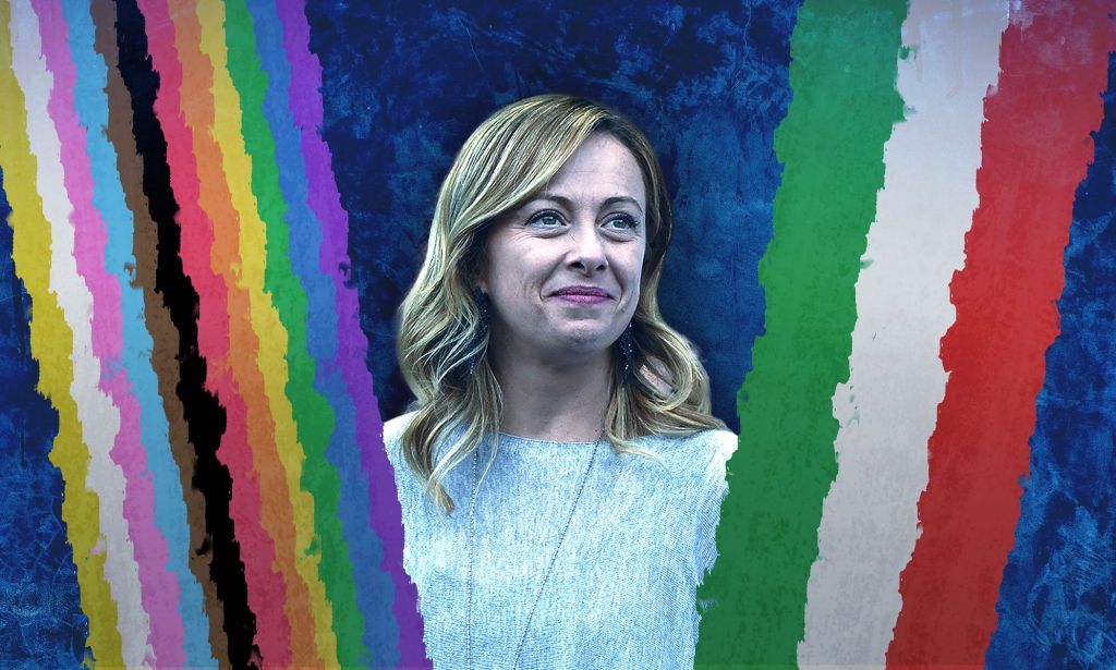 A graphic of Giorgia Meloni standing in between two flags representing Italy and the LGBTQ+ community