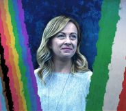 A graphic of Giorgia Meloni standing in between two flags representing Italy and the LGBTQ+ community