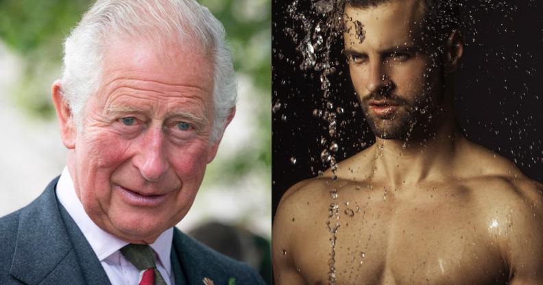 Side-by-side photos of King Charles III and a stock photo of a man at a gay sauna