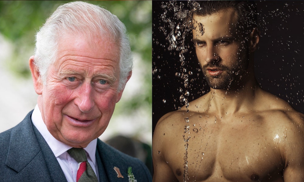 Side-by-side photos of King Charles III and a stock photo of a man at a gay sauna