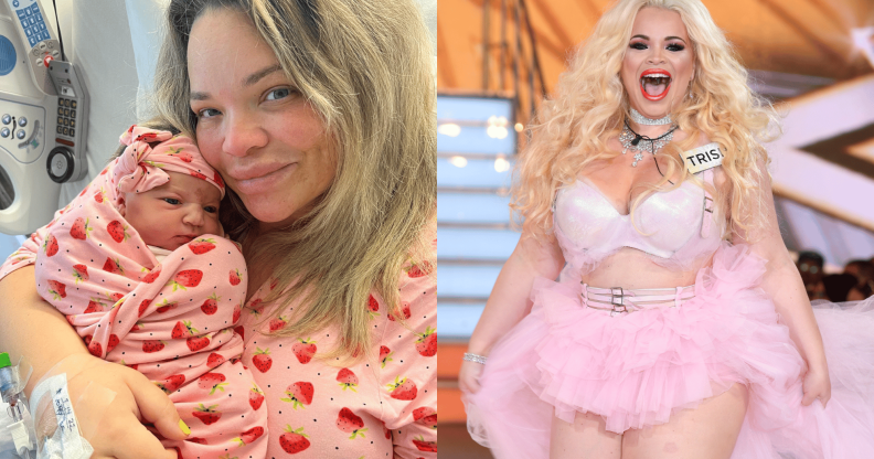 Collage of Trisha holding her baby and Trisha in a pink tutu leaving the Big Brother house