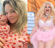 Collage of Trisha holding her baby and Trisha in a pink tutu leaving the Big Brother house