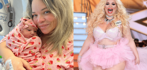 Collage of Trisha holding her baby and Trisha in a pink tutu leaving the Big Brother house