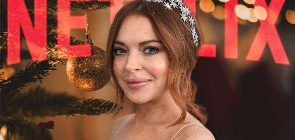 Lindsay Lohan with the word 'Netflix' spelled out behind her