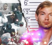 Jeffrey Dahmer's mugshot and a photo from inside court during his trial