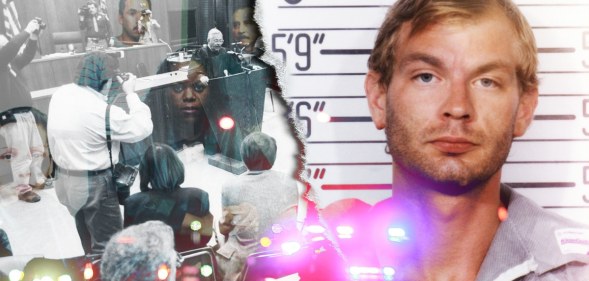 Jeffrey Dahmer's mugshot and a photo from inside court during his trial